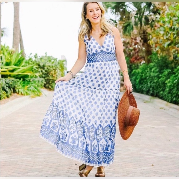 J. Crew Santorini Maxi Dress Printed Blue White Size 12 - Picture 3 of 10